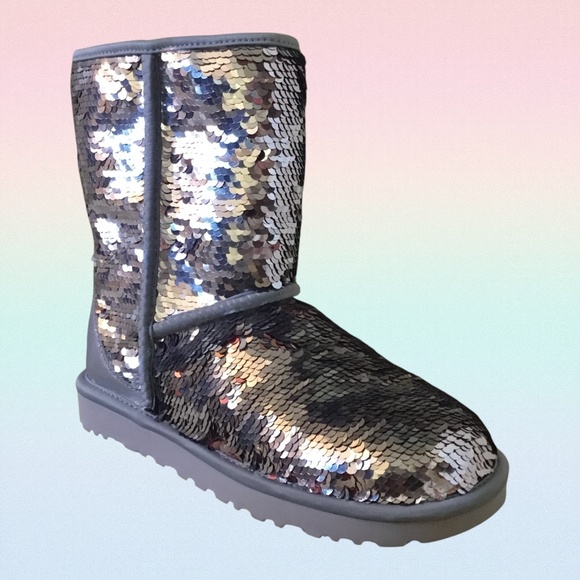 NEW UGG Classic Short Sequin Silver Pink Combe Boot - Picture 4 of 15